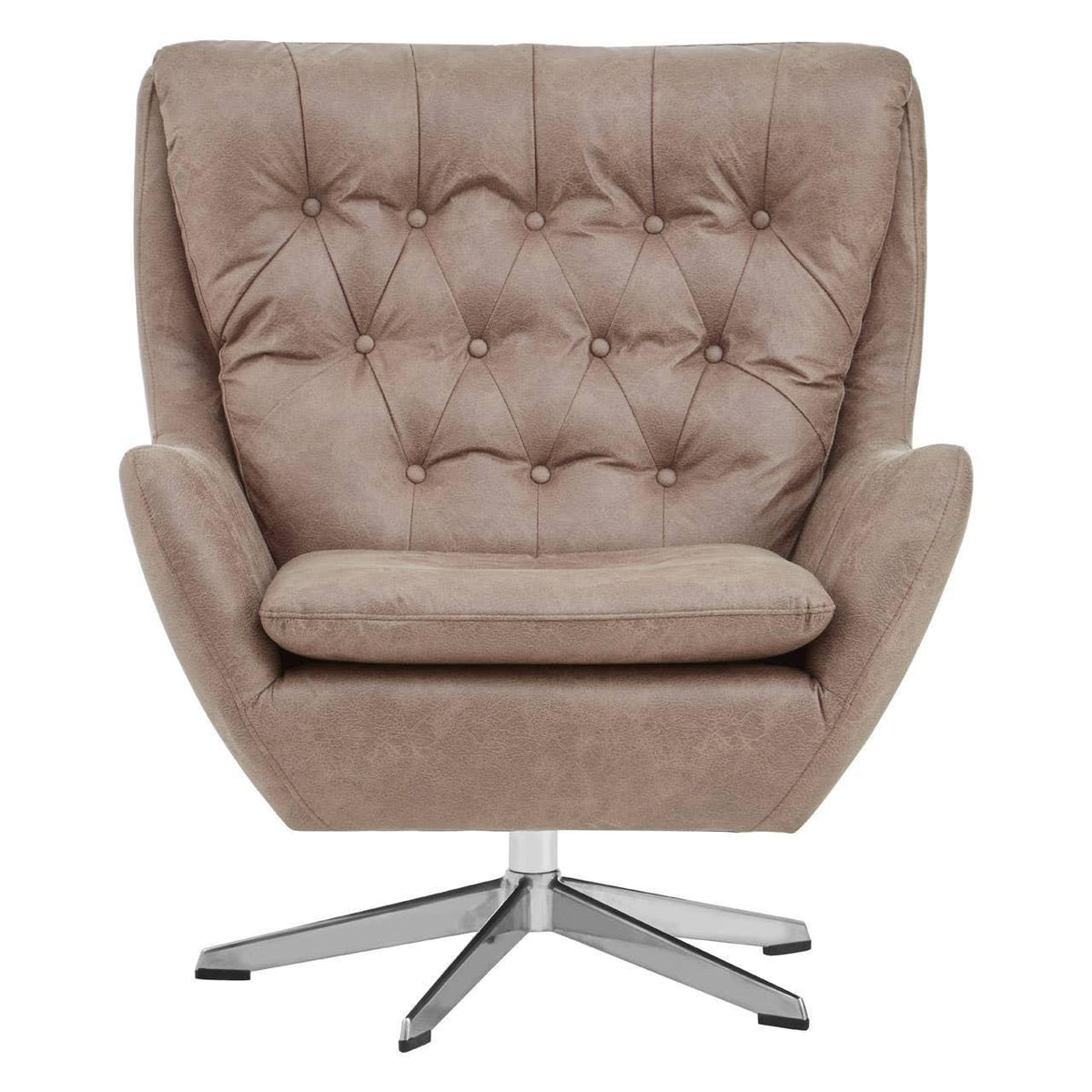 Taupe swivel accent chair with button-tufted backrest and chrome base, front view