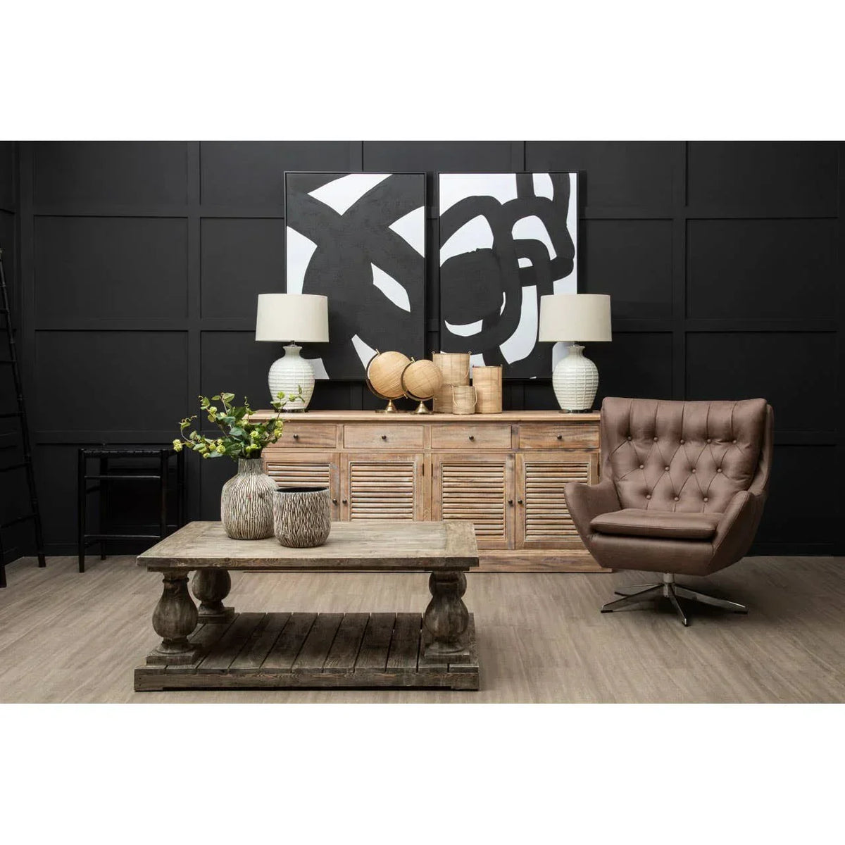 Rustic wood coffee table and brown swivel armchair in modern living room setup