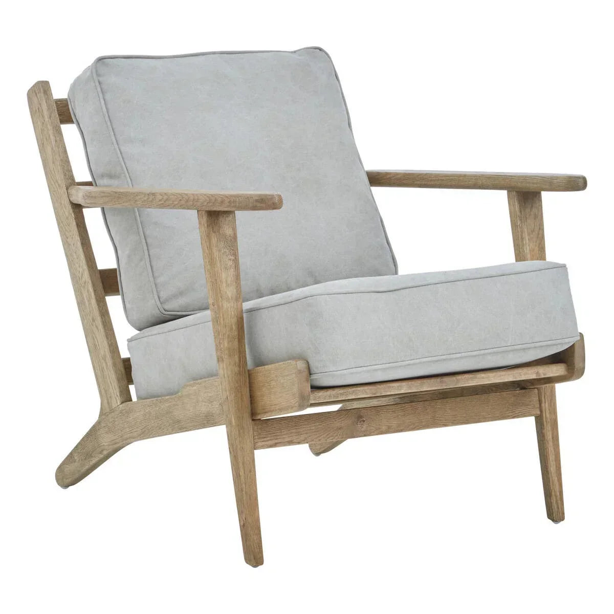 Light grey cushioned armchair with angled wooden frame, side view