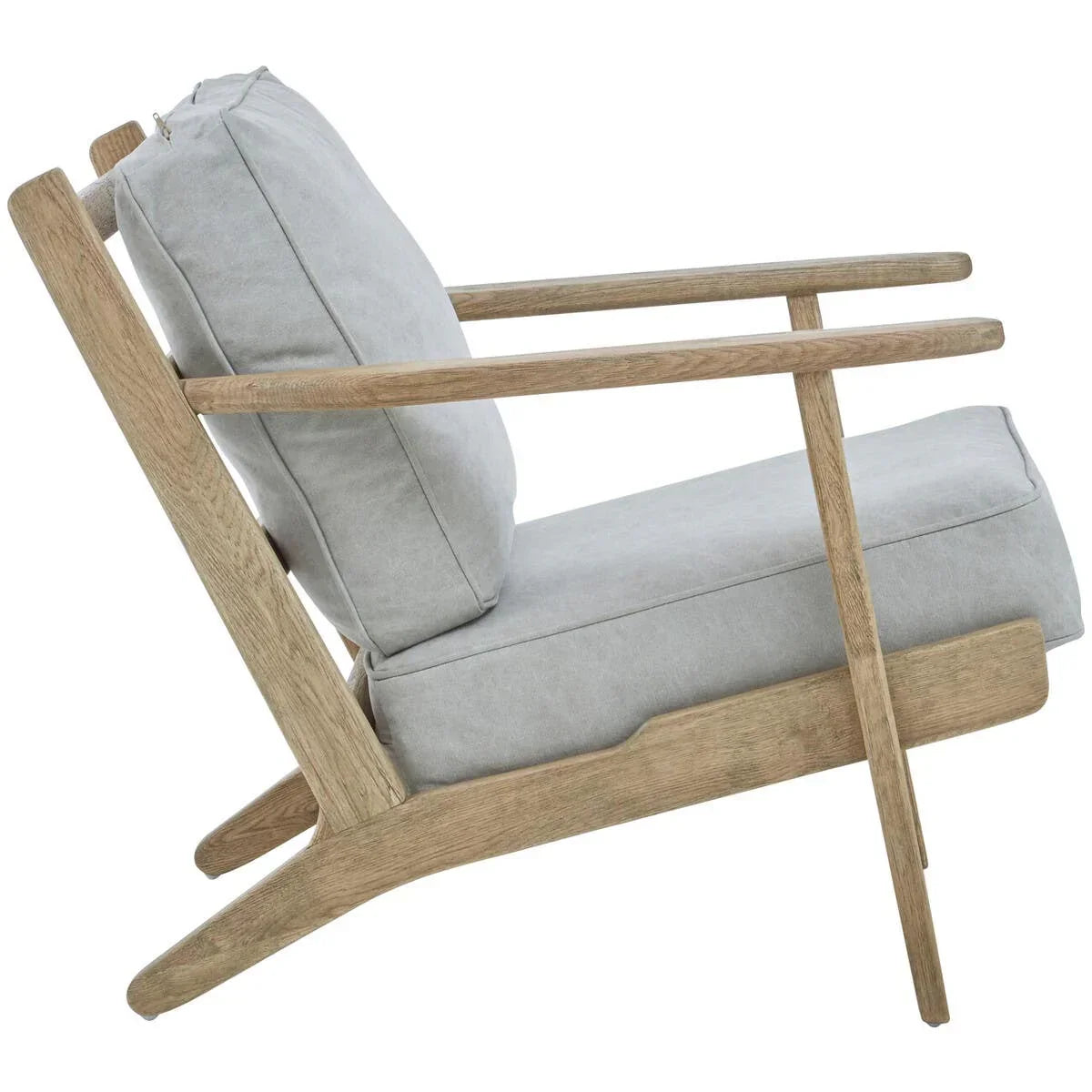 Side view of modern armchair with light wood frame and grey upholstered cushions