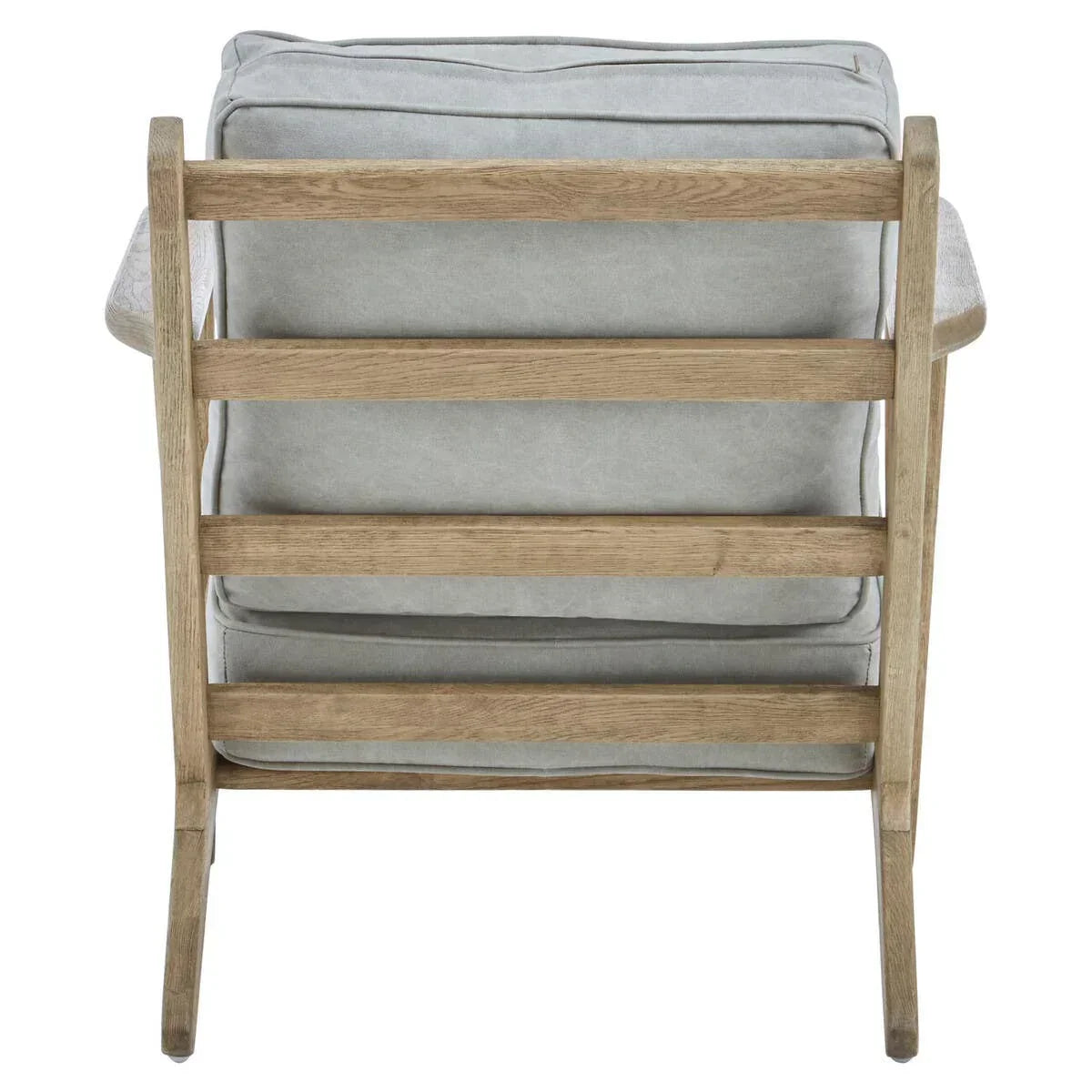 Rear view of wooden armchair with light grey cushions and slatted backrest