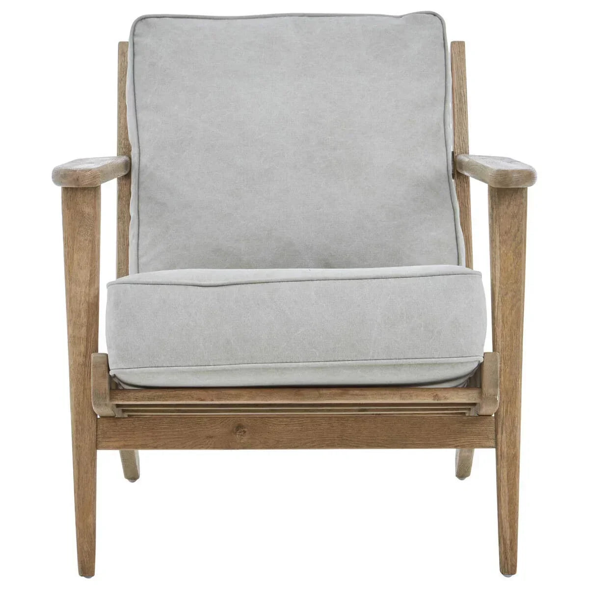 Light grey cushioned armchair with wooden frame, front view