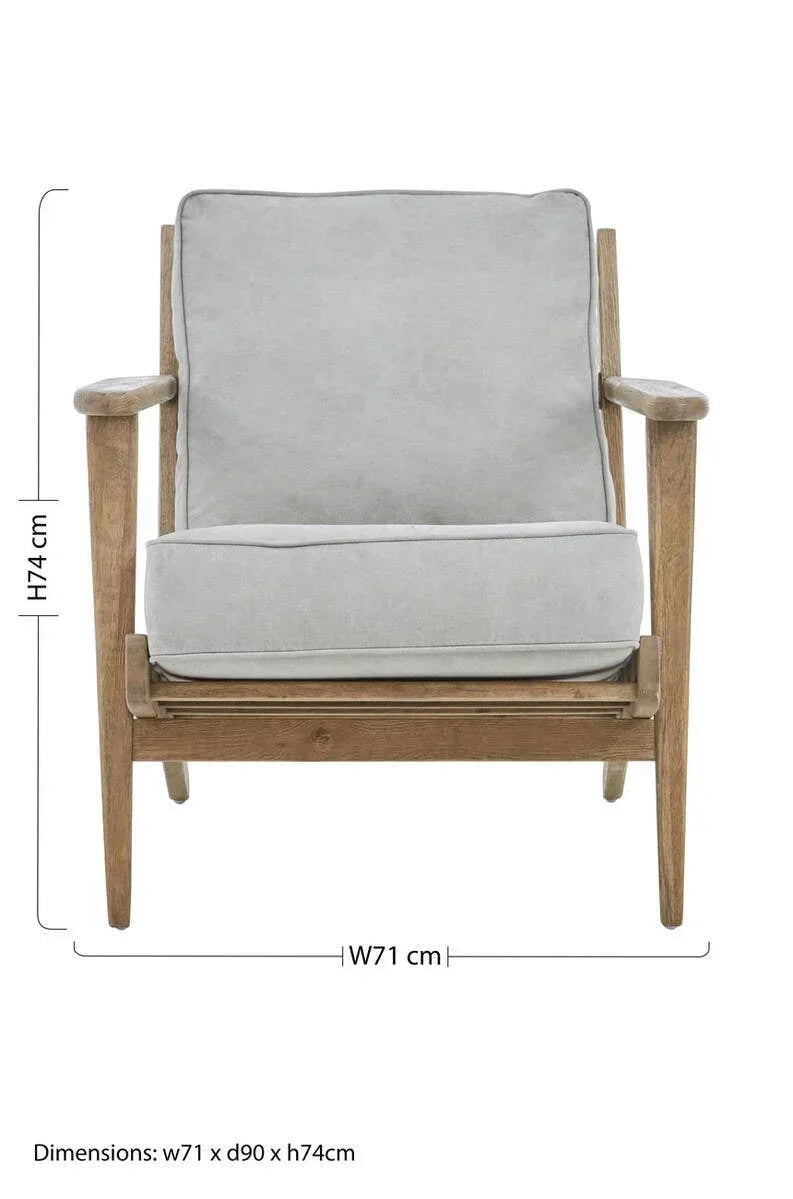 Light grey fabric armchair with wooden frame, front view, 71cm wide and 74cm high