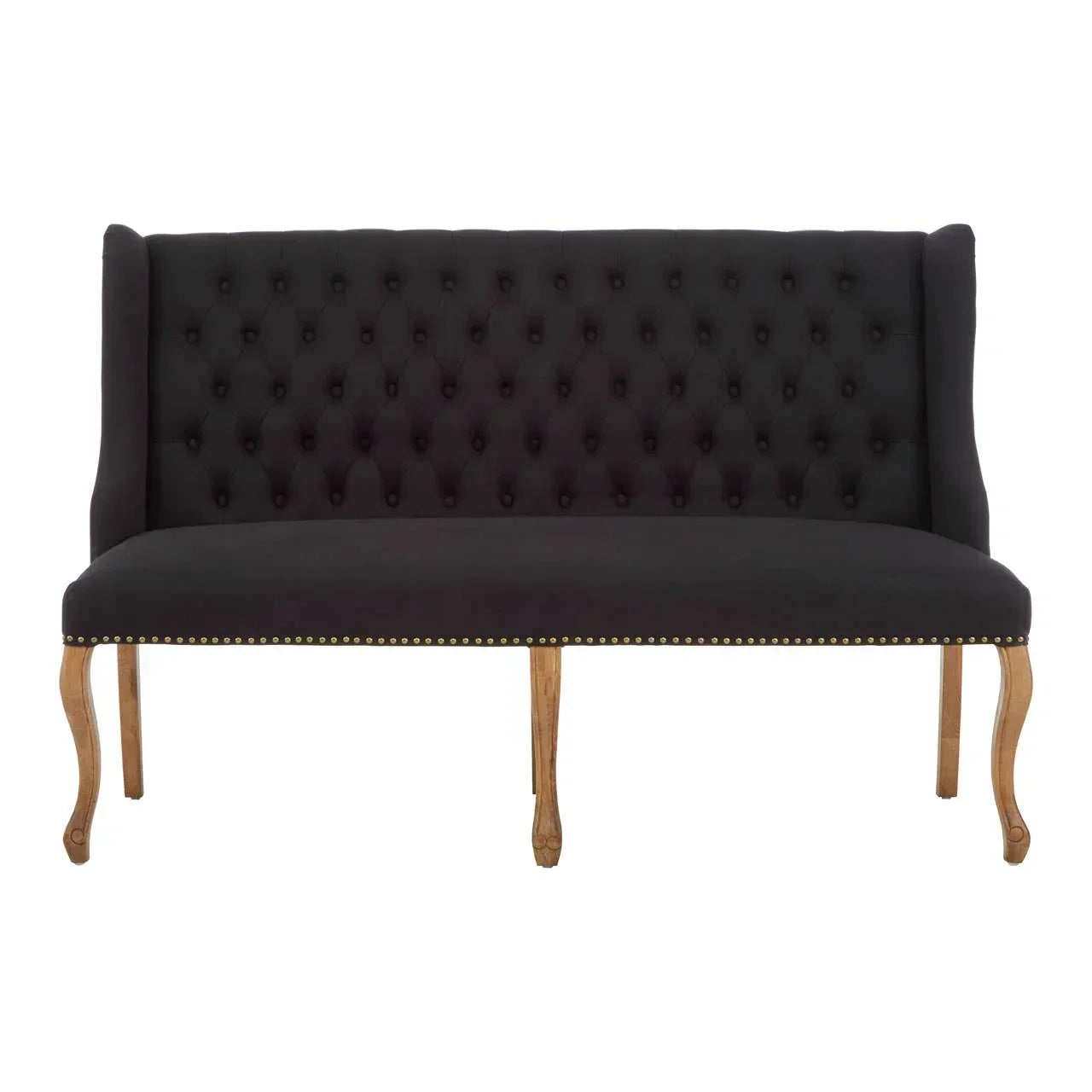 Black upholstered dining bench with button tufted back and wooden legs