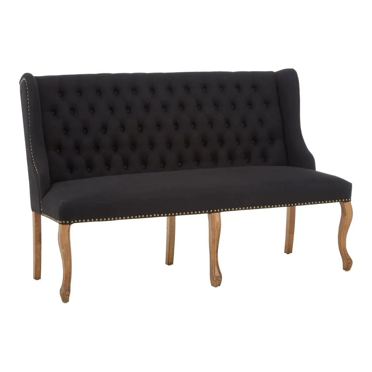 Black upholstered dining bench with button-tufted back and wooden cabriole legs