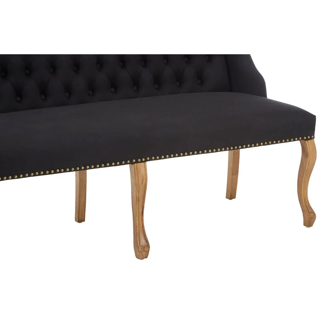 Black upholstered bench with tufted back, brass stud trim, and wooden cabriole legs