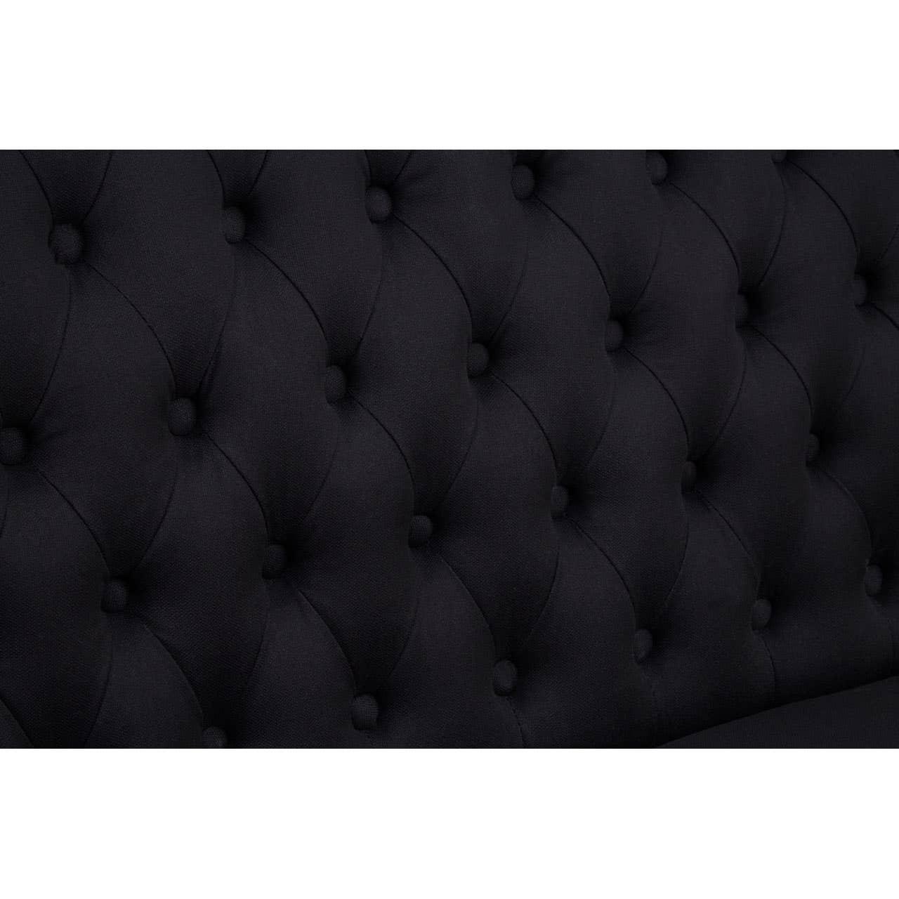 Black fabric sofa with deep button tufted backrest upholstery closeup