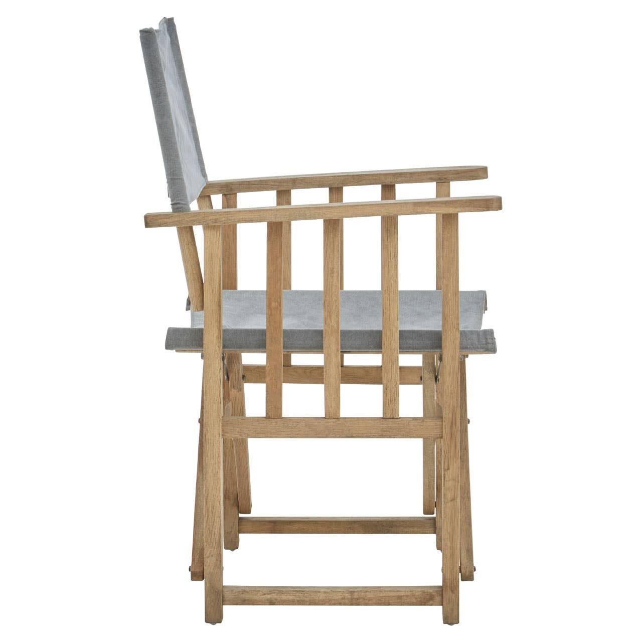 Grey linen directors chair with a wooden frame, featuring a slatted backrest and armrests, positioned at an angle to showcase its profile and sturdy construction