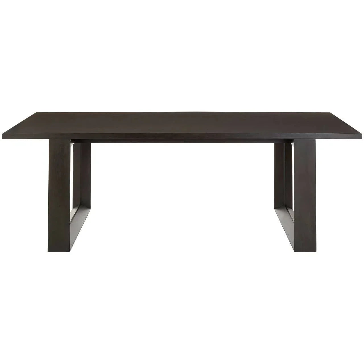 Rectangular dark wood dining table with modern box frame legs, front view