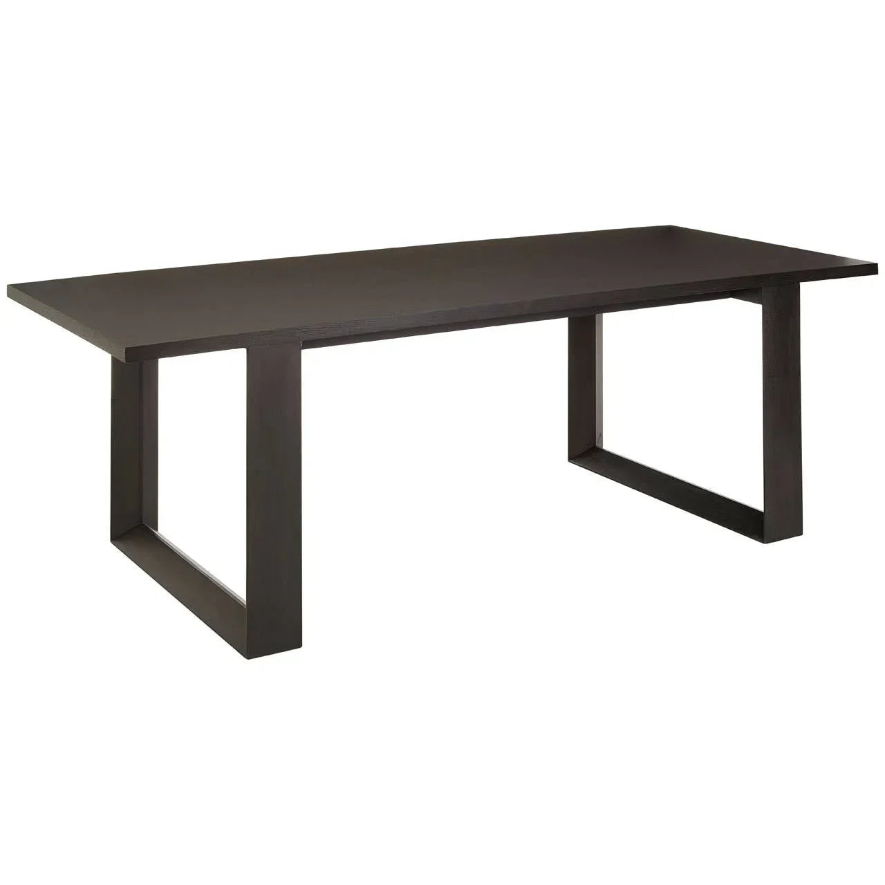 Rectangular dark wood dining table with thick top and open square legs