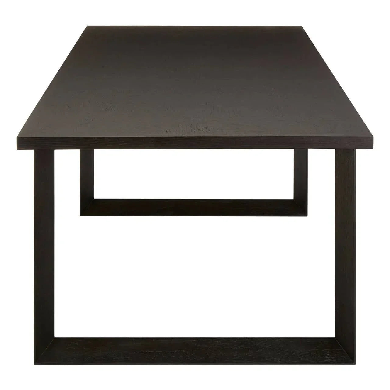 Rectangular dark wood dining table with modern geometric metal legs, front view