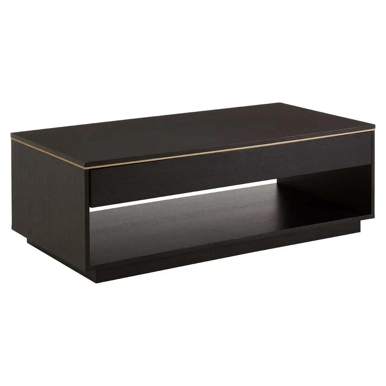 Rectangular black coffee table with open shelf and gold trim detail, angled side view