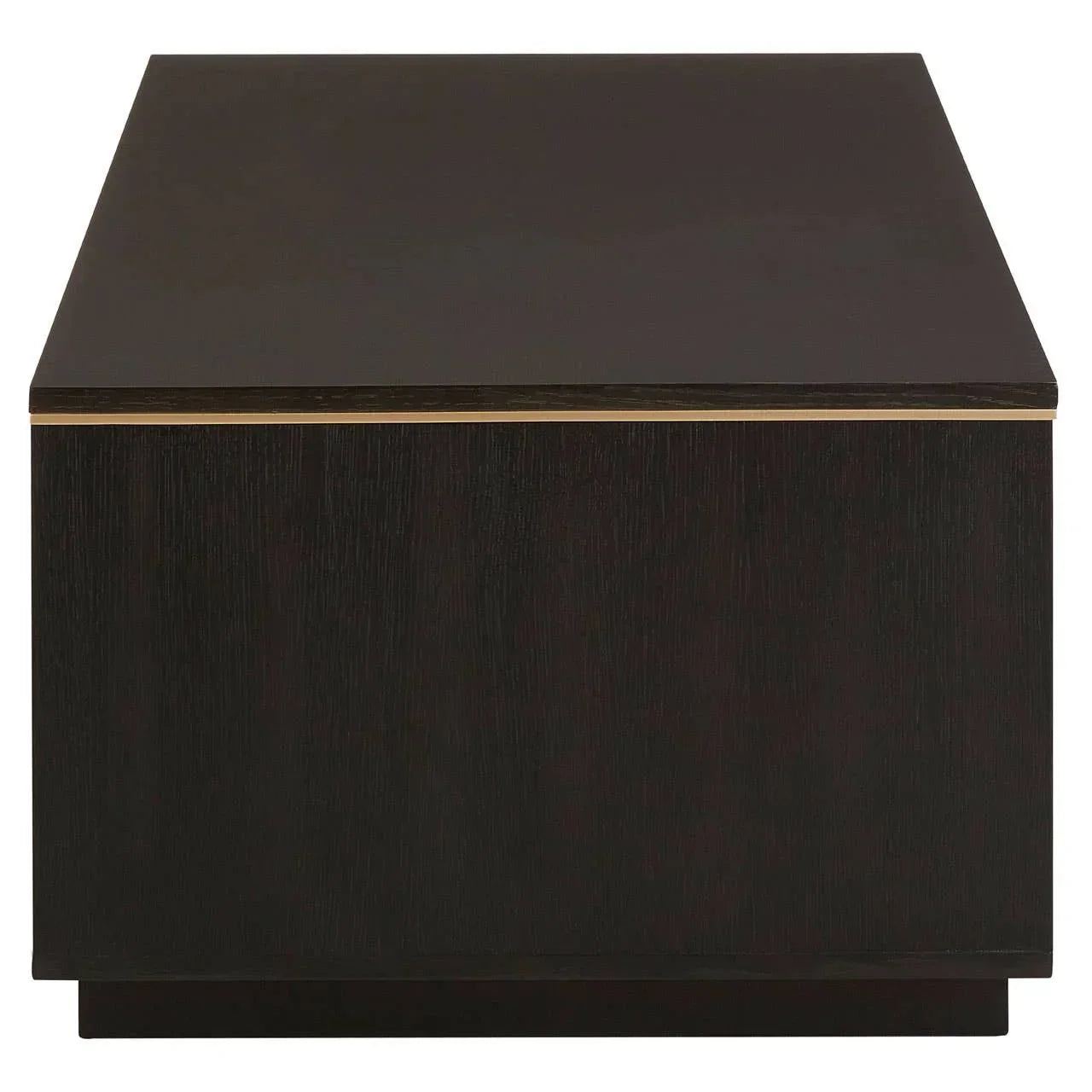 Rectangular black wood coffee table with gold trim, front angle