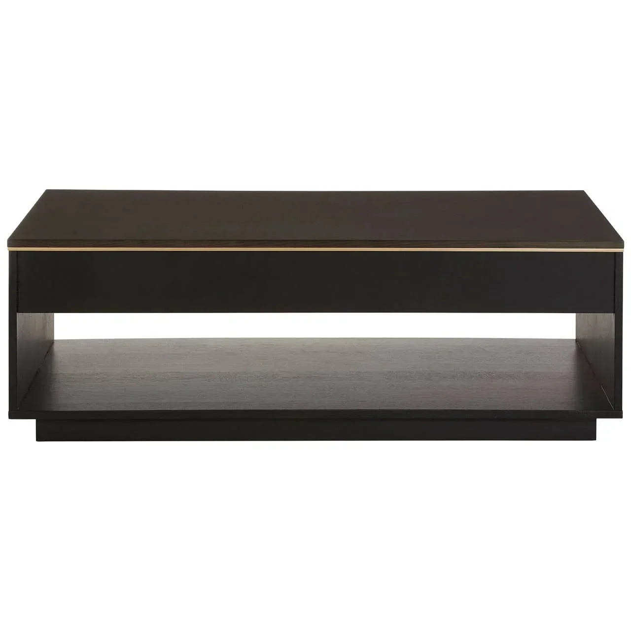 Black wood coffee table with open shelf and gold trim, straight front view