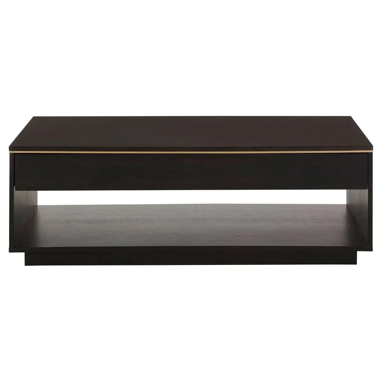 Dark wood coffee table with lower storage shelf and gold trim, front view