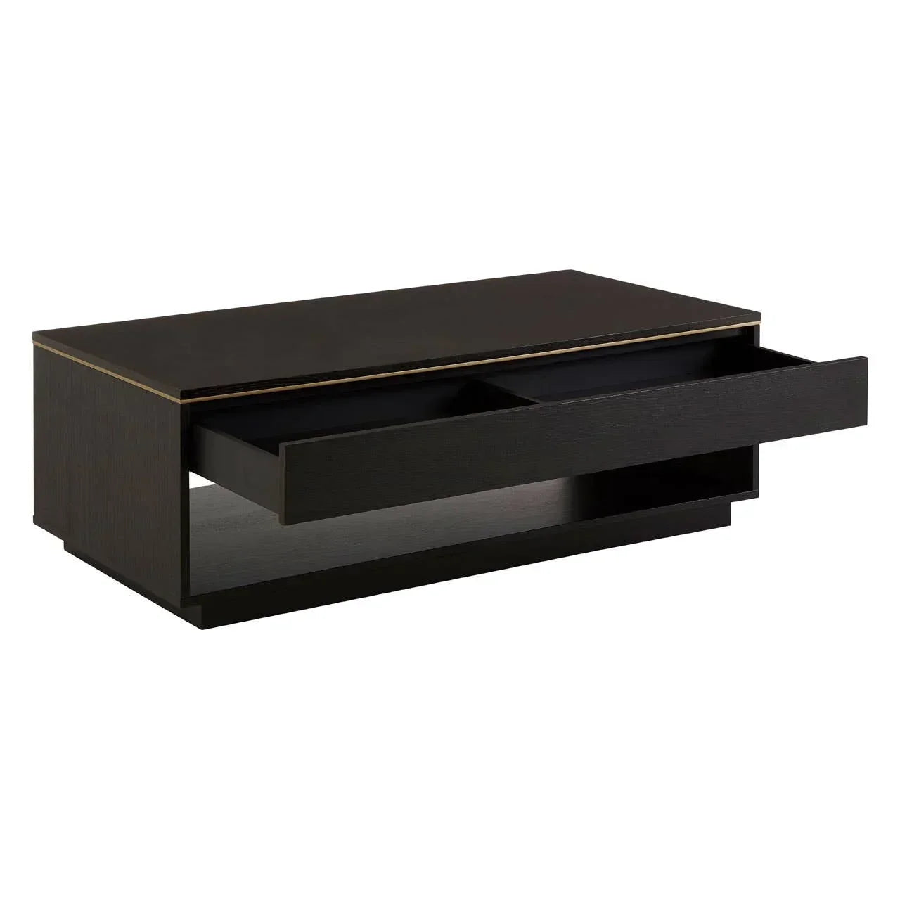 Black wooden coffee table with open front drawer and lower shelf