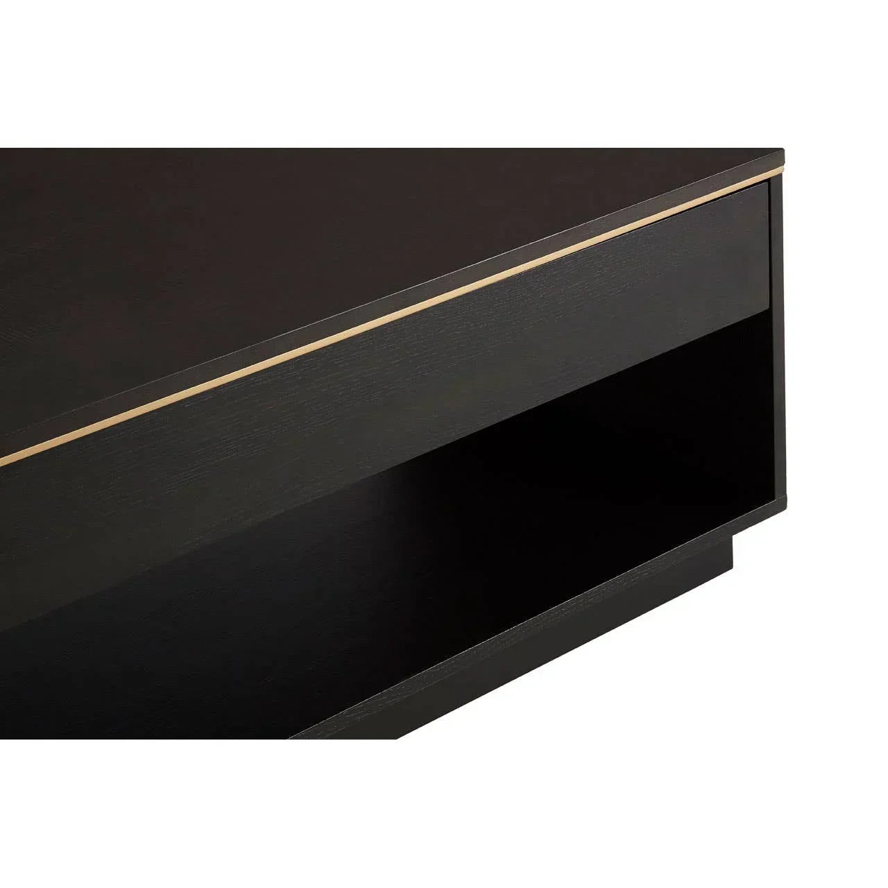 Black wooden coffee table with open shelf and gold accent close-up