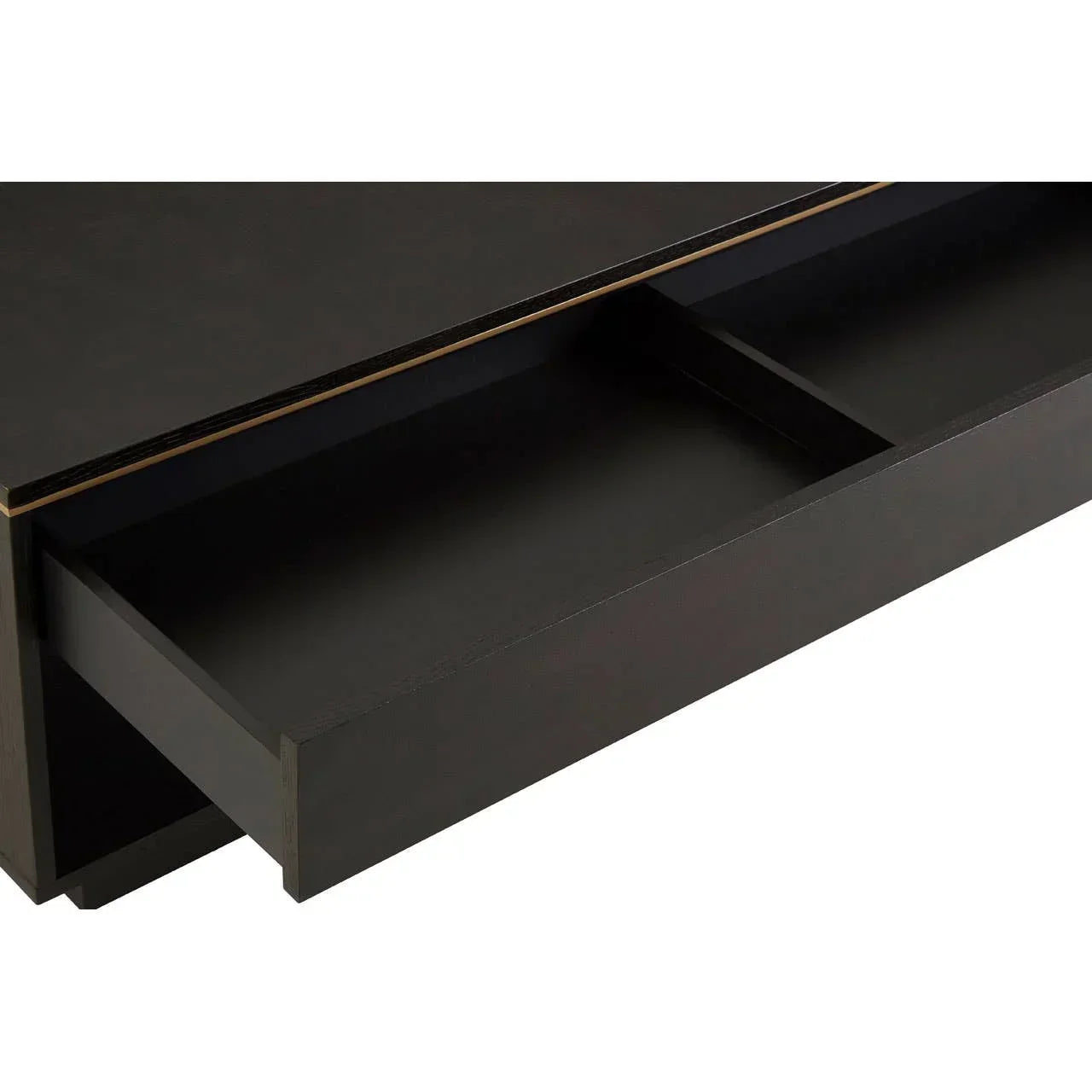 Black wooden coffee table with open storage drawer and shelf compartment