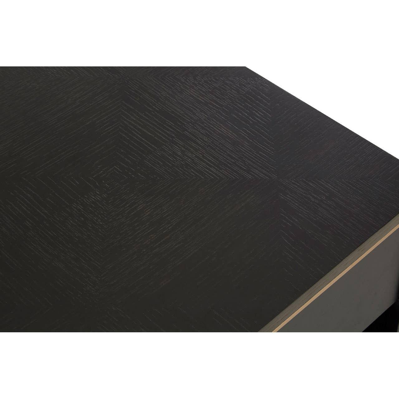 Close up of black wooden coffee table with textured grain pattern and straight edge