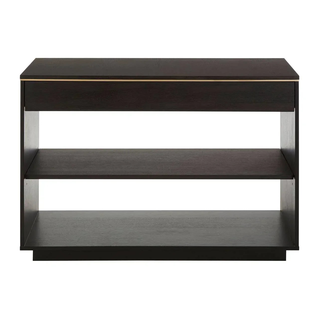 Dark wood console table with drawer and two open shelves, front view