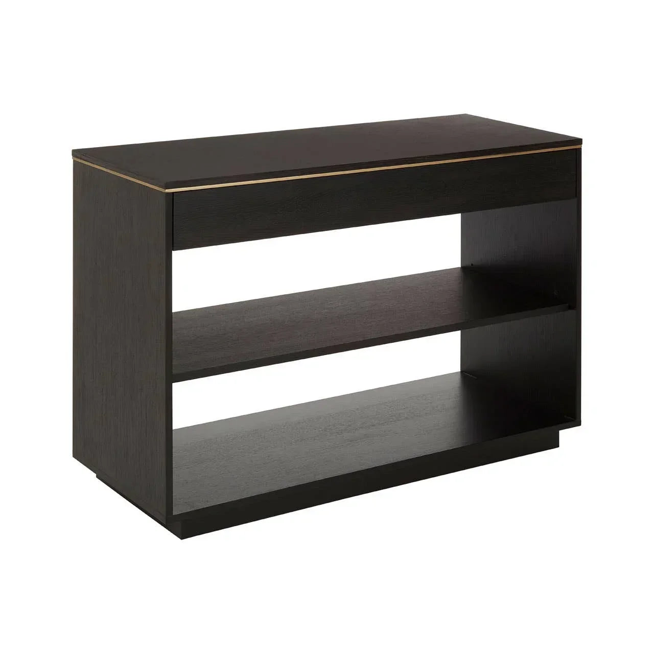 Dark wood console table with two open shelves and gold trim on edge, angled front view