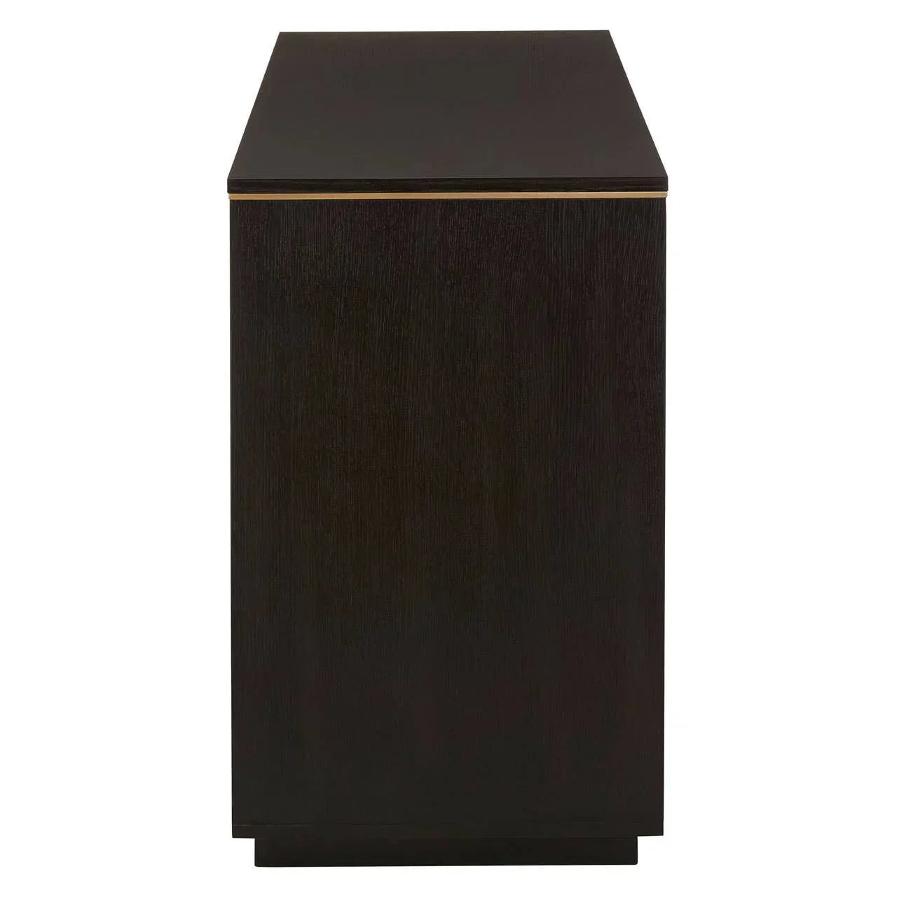 Side view of dark wood sideboard cabinet with clean lines and subtle gold trim detail