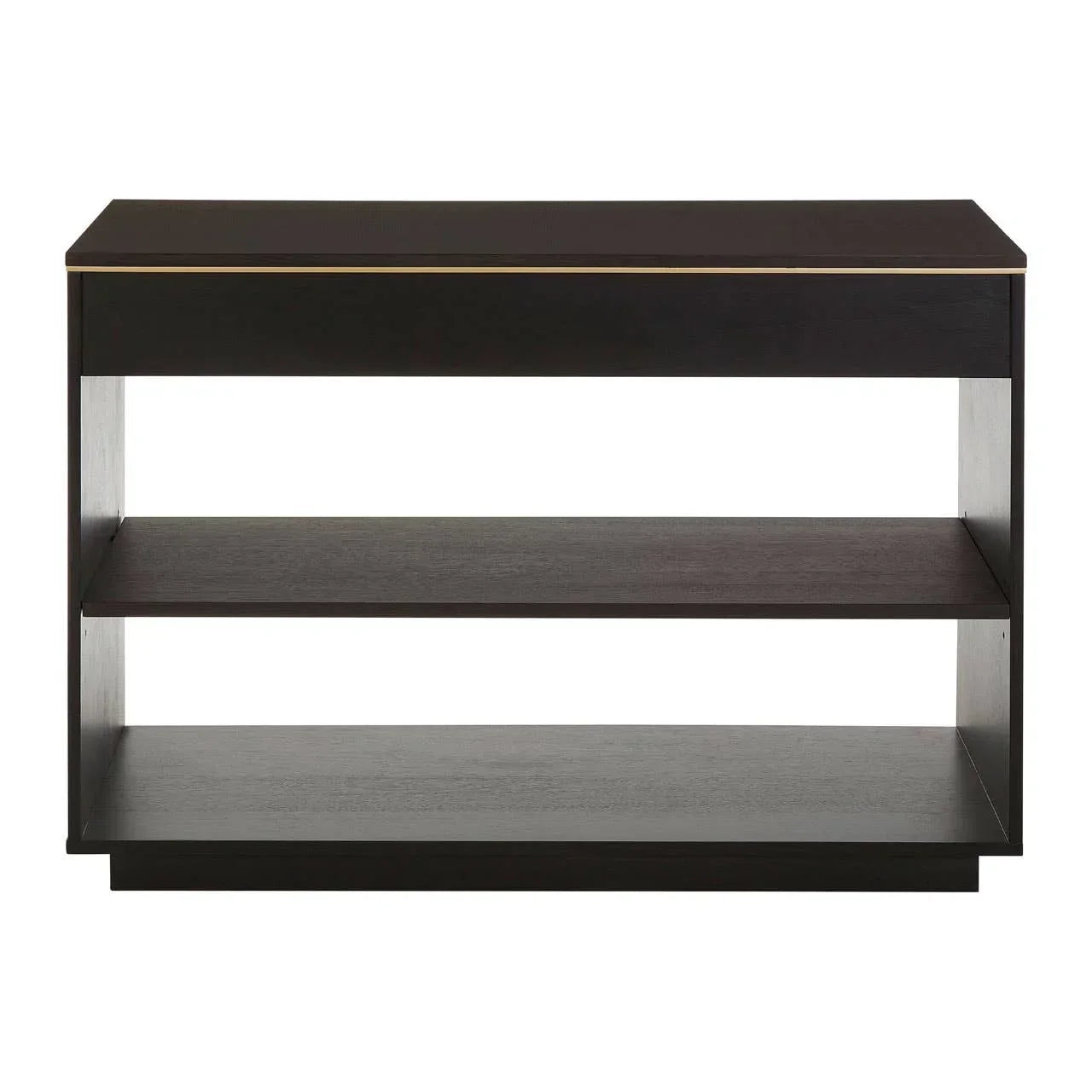 Dark wood console table with gold trim and two open shelves, front view
