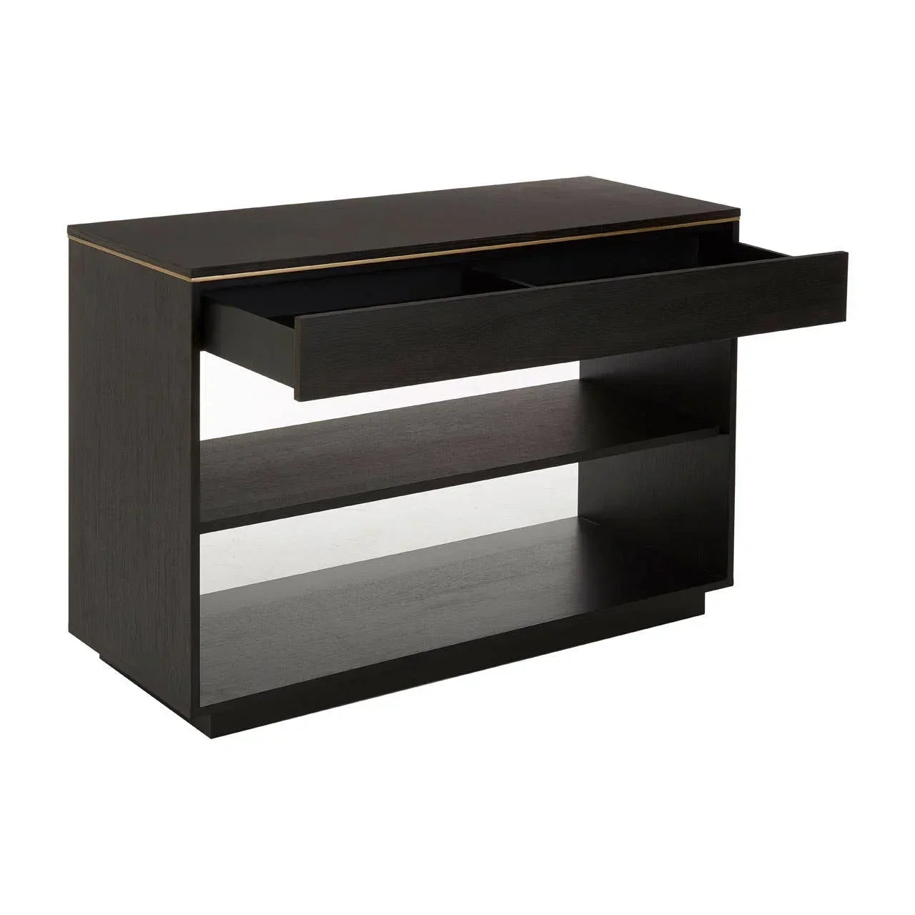Dark wood console table with open drawer and two lower storage shelves