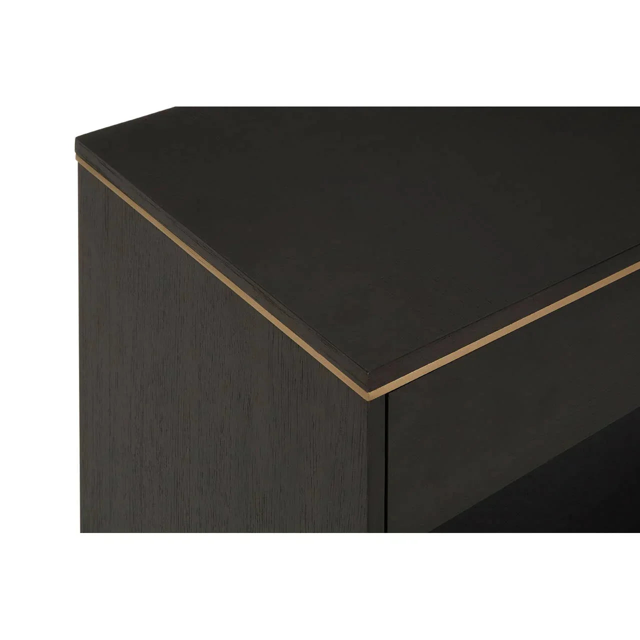 Dark wood sideboard corner with gold trim detail