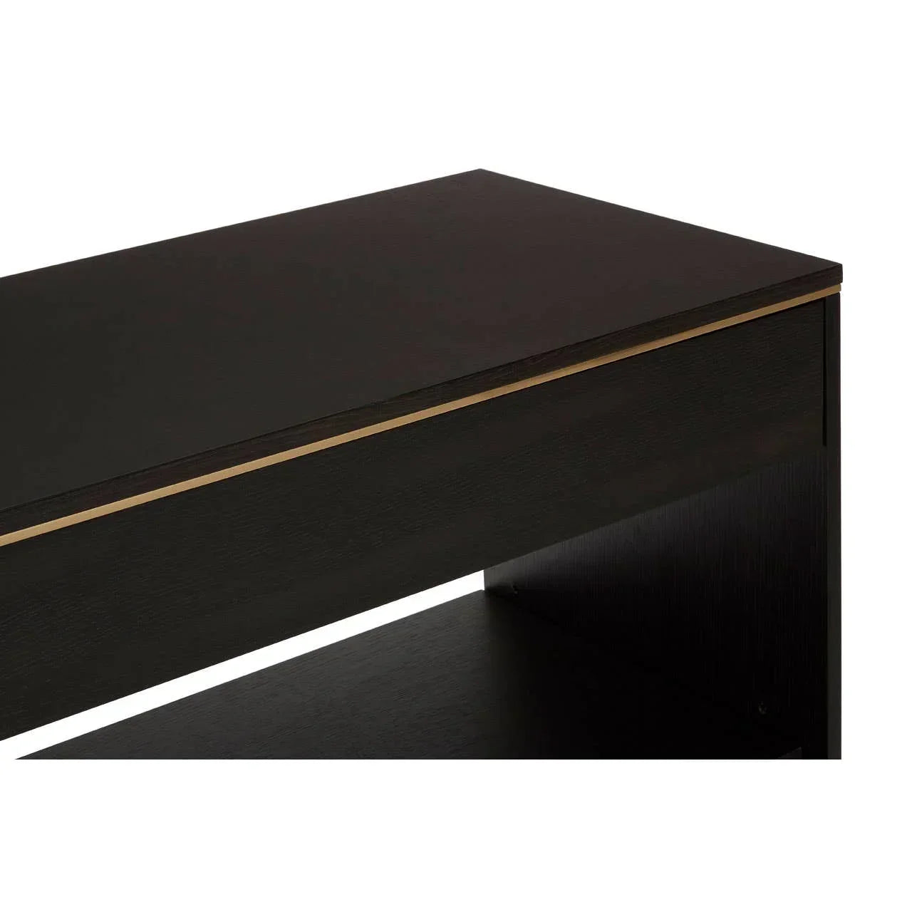 Close-up of black wood console table with gold trim and lower shelf