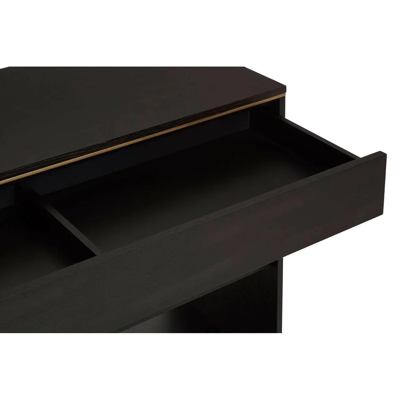 Black wood desk with open storage drawer and divider detail
