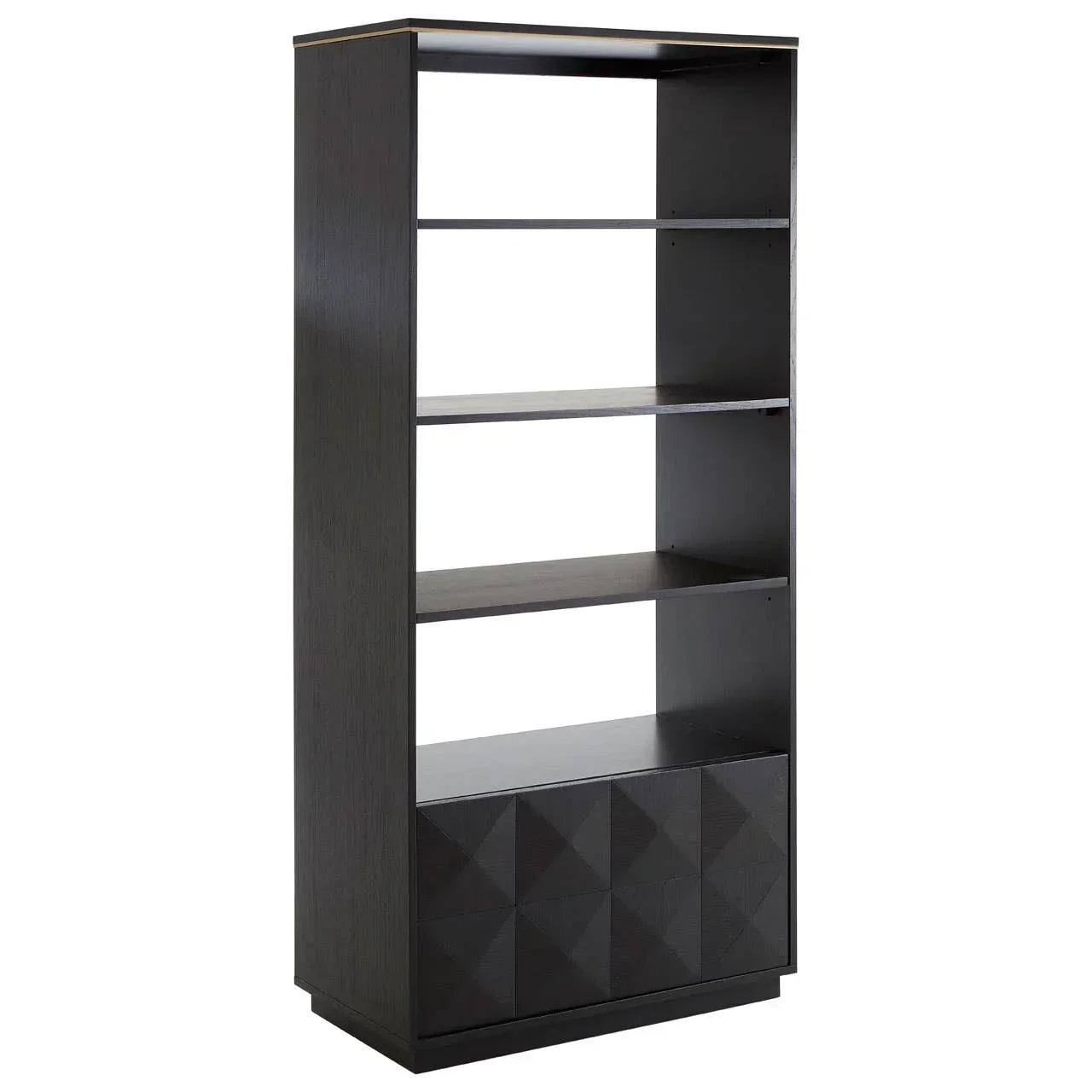 Black wood bookcase with open shelves and geometric pattern cupboard doors