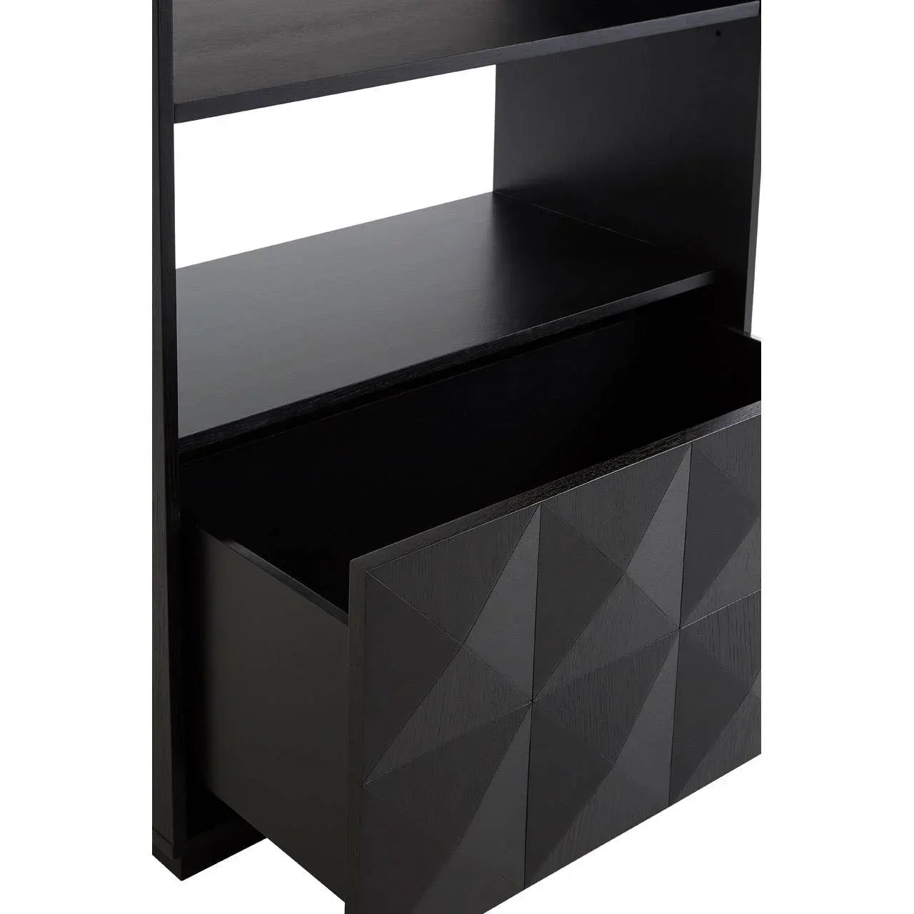 Black wooden cabinet with geometric patterned drawer and open shelf