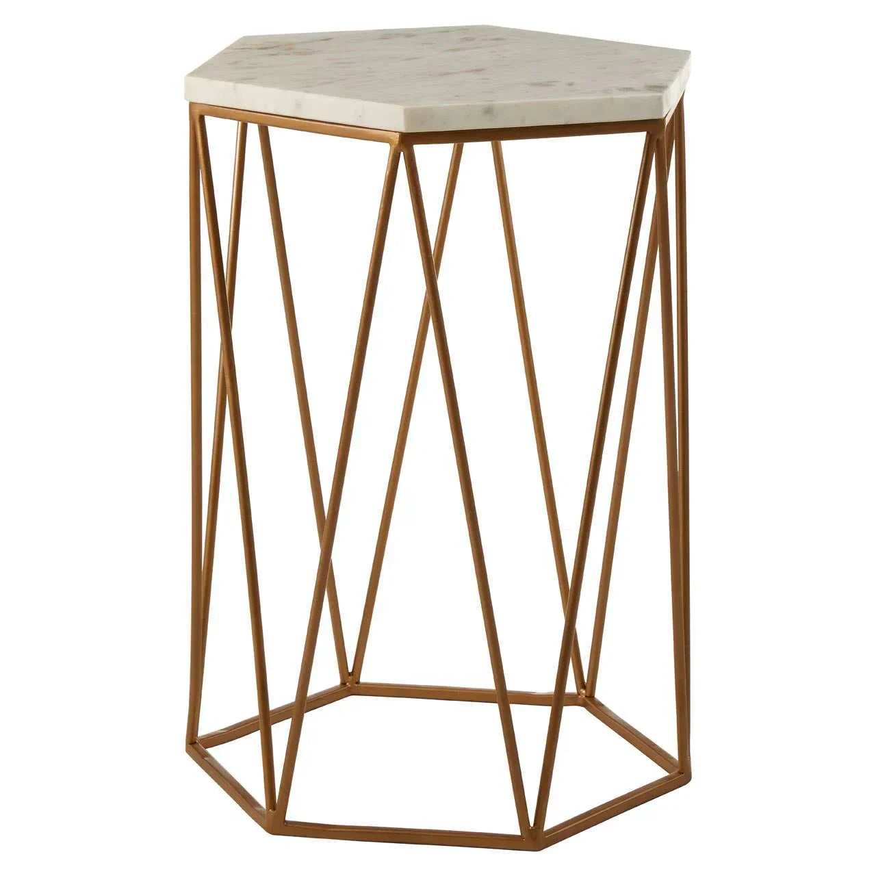 Hexagonal marble side table with gold geometric metal frame