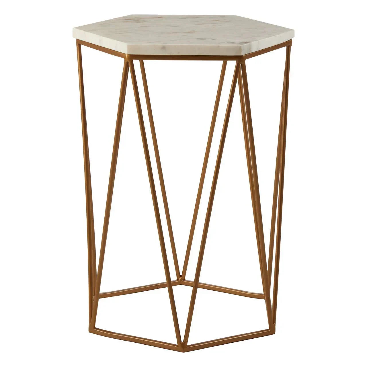Hexagonal marble top side table with gold metal geometric frame