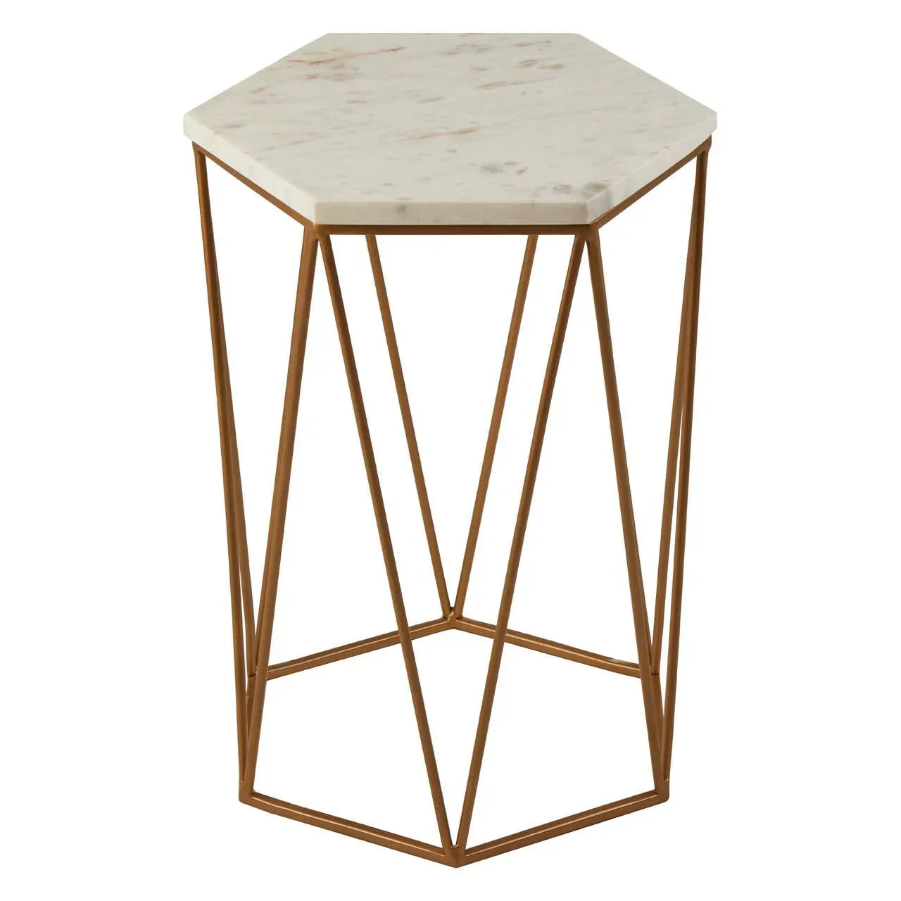 Hexagonal marble top side table with gold metal frame