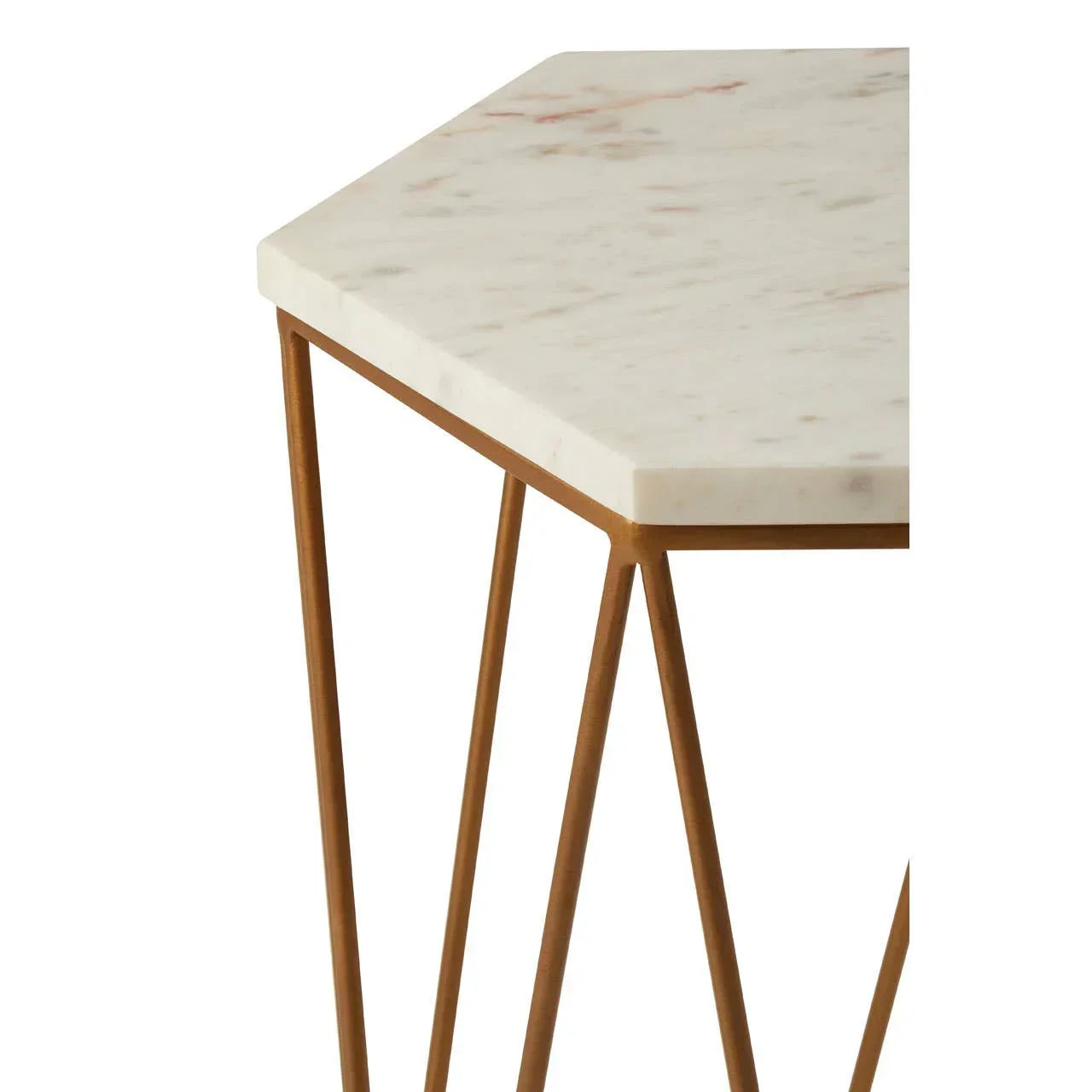 Hexagonal marble top side table with gold metal legs, close-up of corner and frame