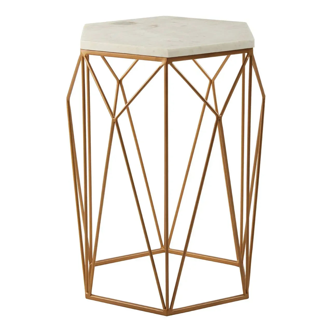Hexagonal marble top side table with gold metal geometric frame