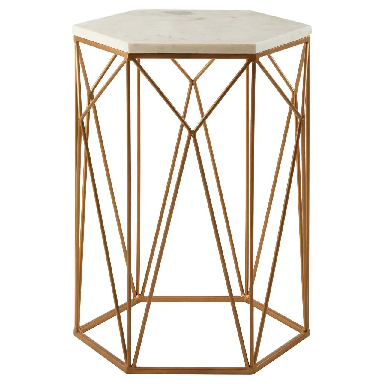 Hexagonal side table with white marble top and geometric gold metal base