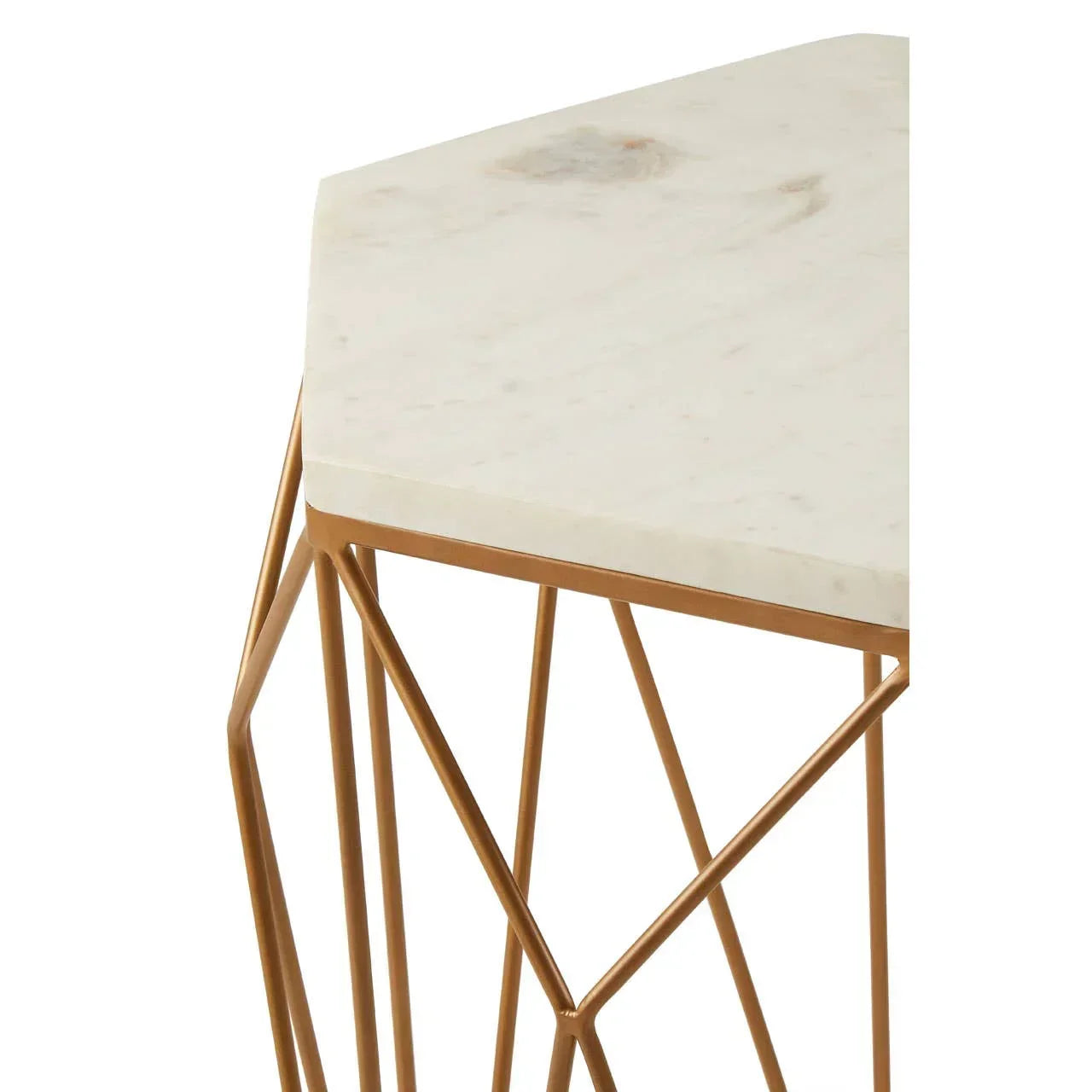 White marble side table with gold geometric metal base, close-up view of top and frame