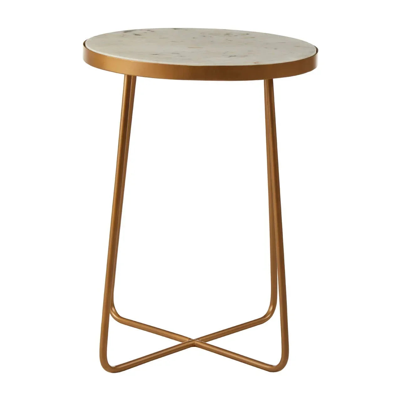 Round marble top side table with gold metal frame and crossed legs