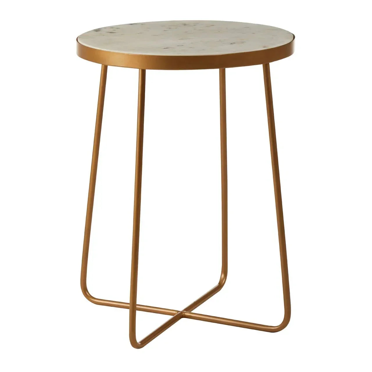 Round side table with white marble top and gold metal frame