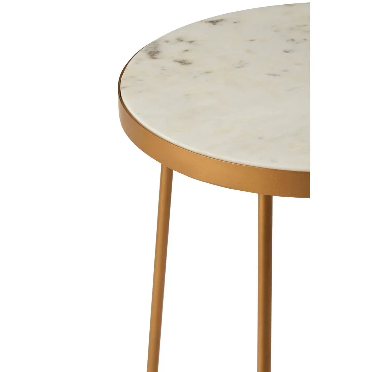 Round marble top side table with gold metal frame and slim legs, close-up view