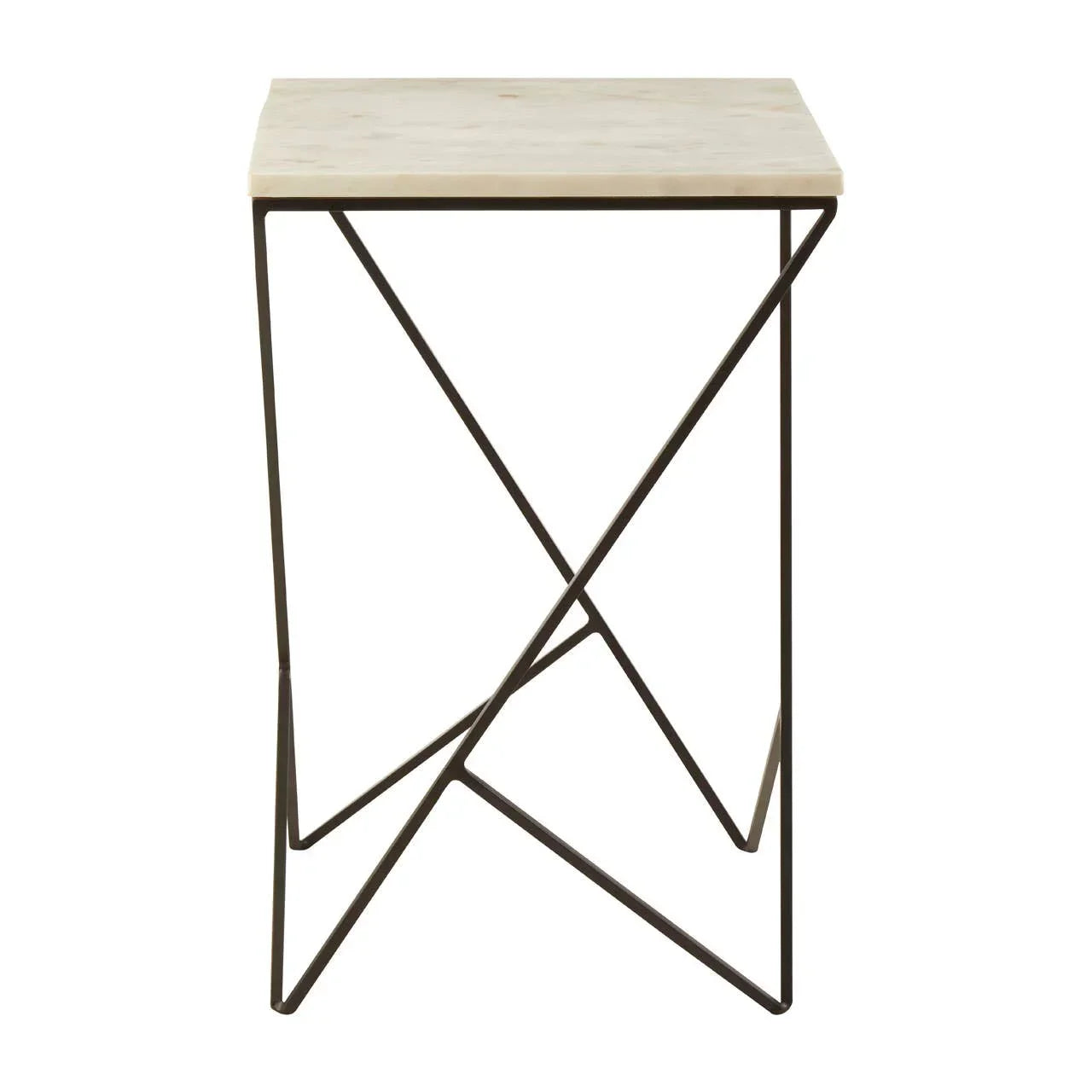 Square marble top side table with black geometric metal frame, front view