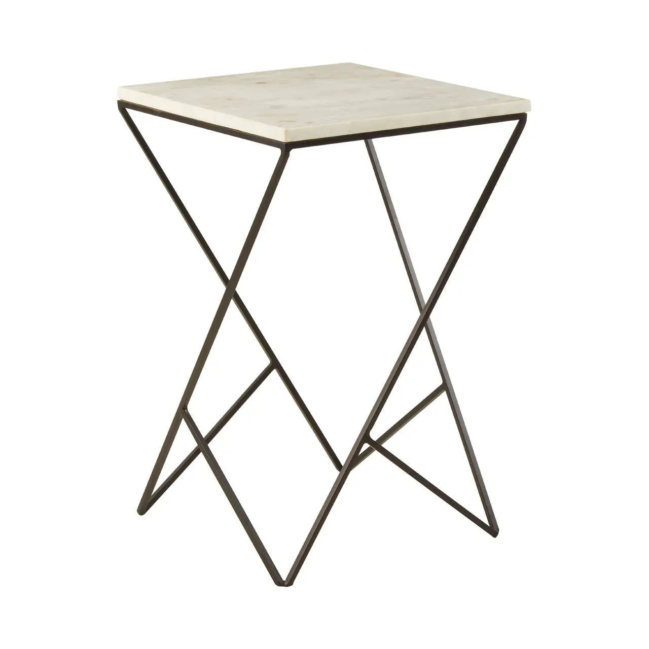 Square side table with light wood top and black geometric metal frame