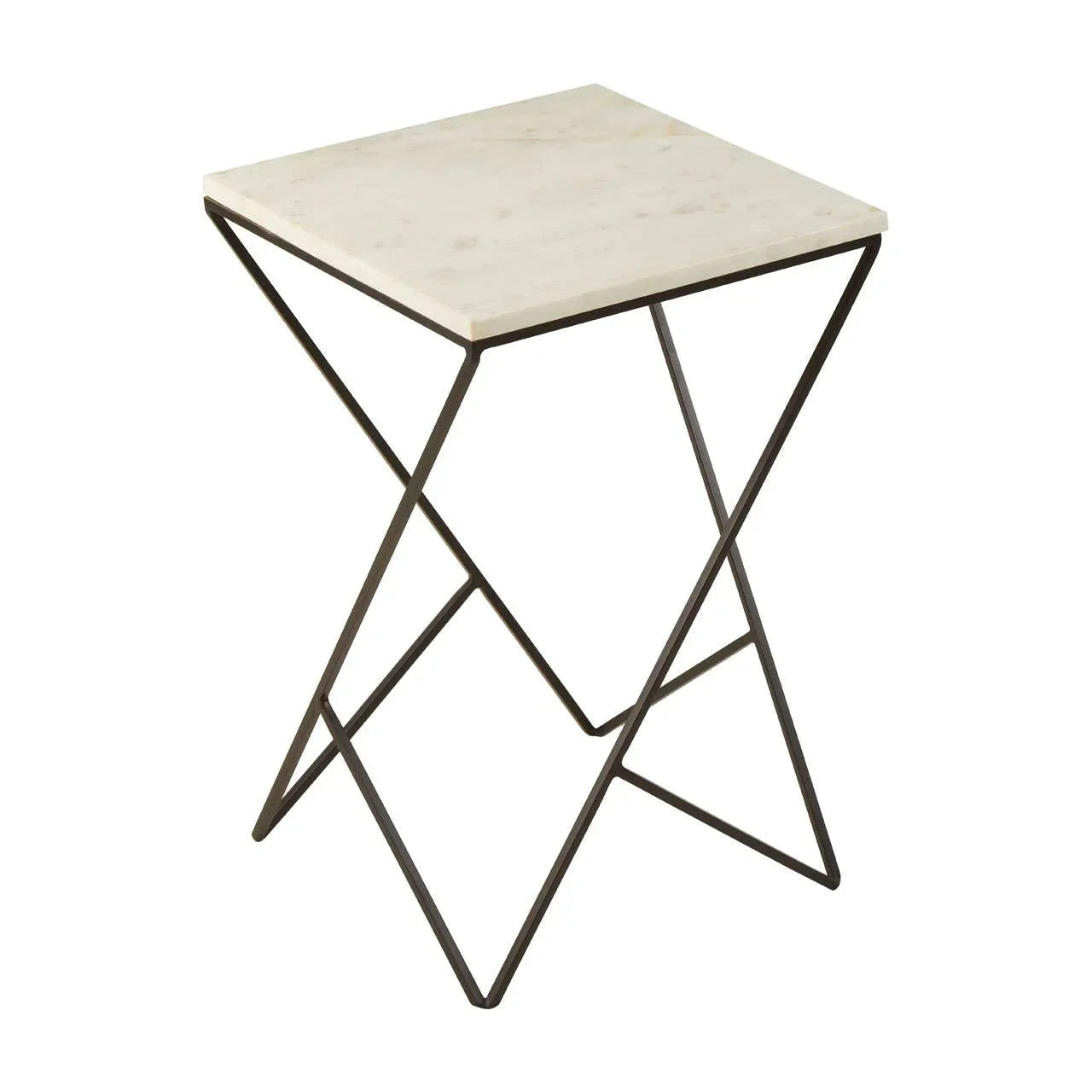 Square marble side table with black metal frame and geometric base
