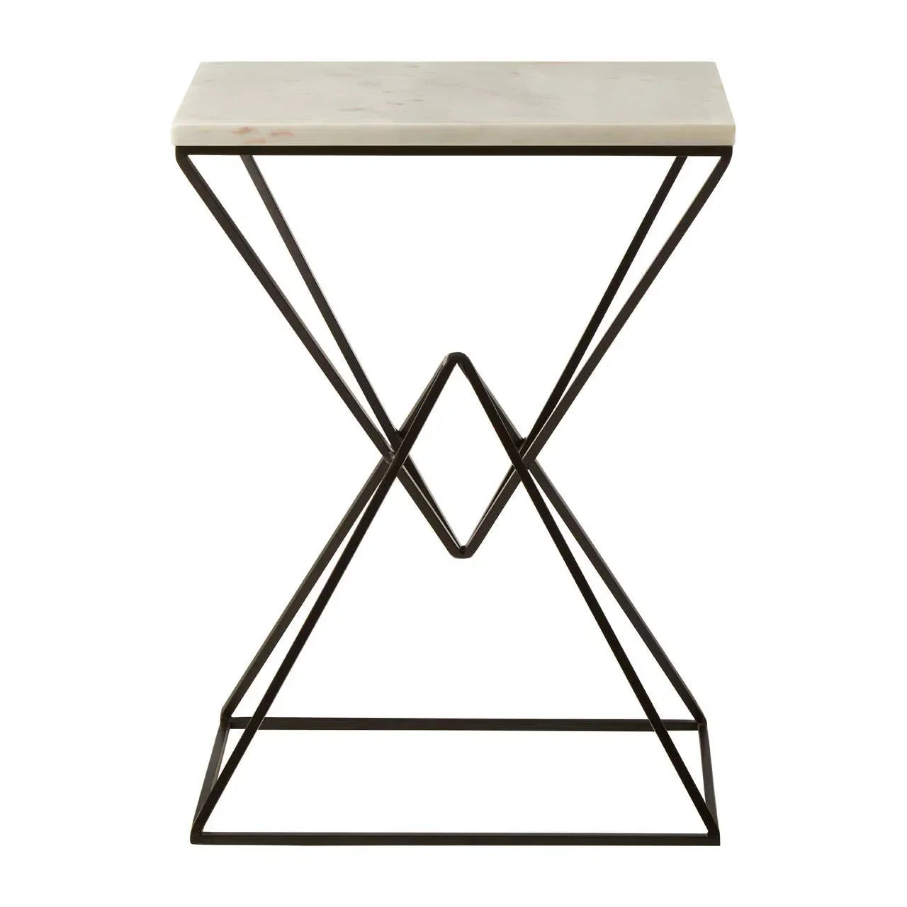 Modern side table with white marble top and geometric black metal frame