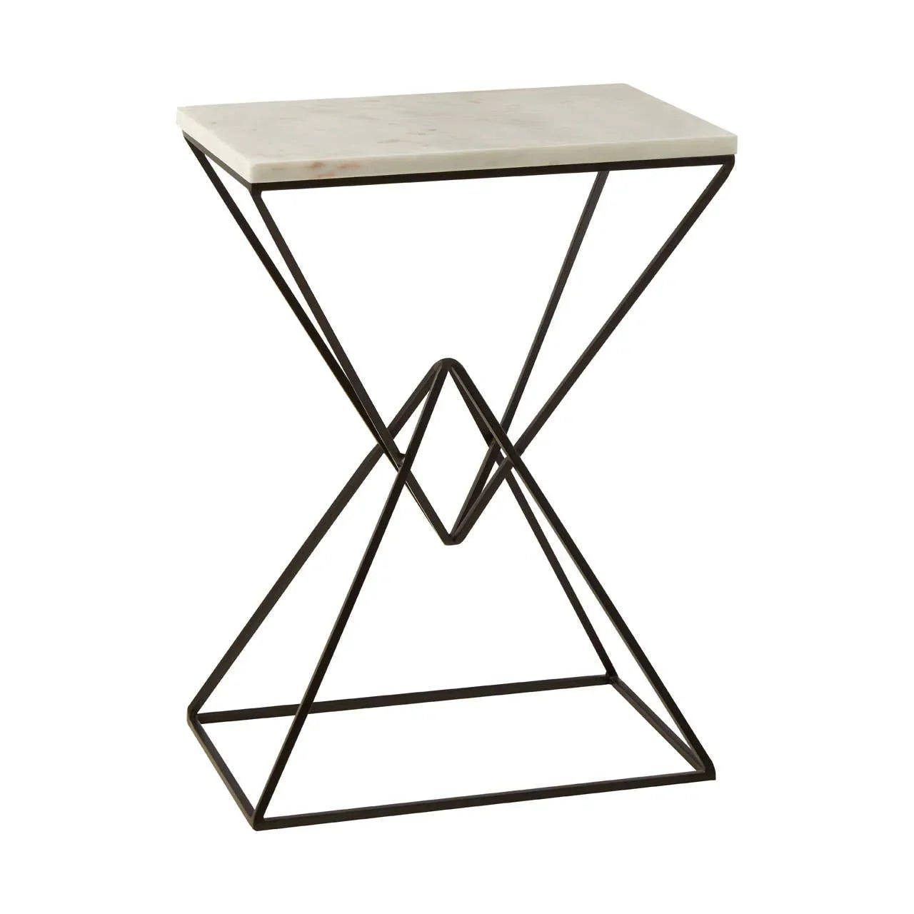 Marble top side table with geometric black metal base