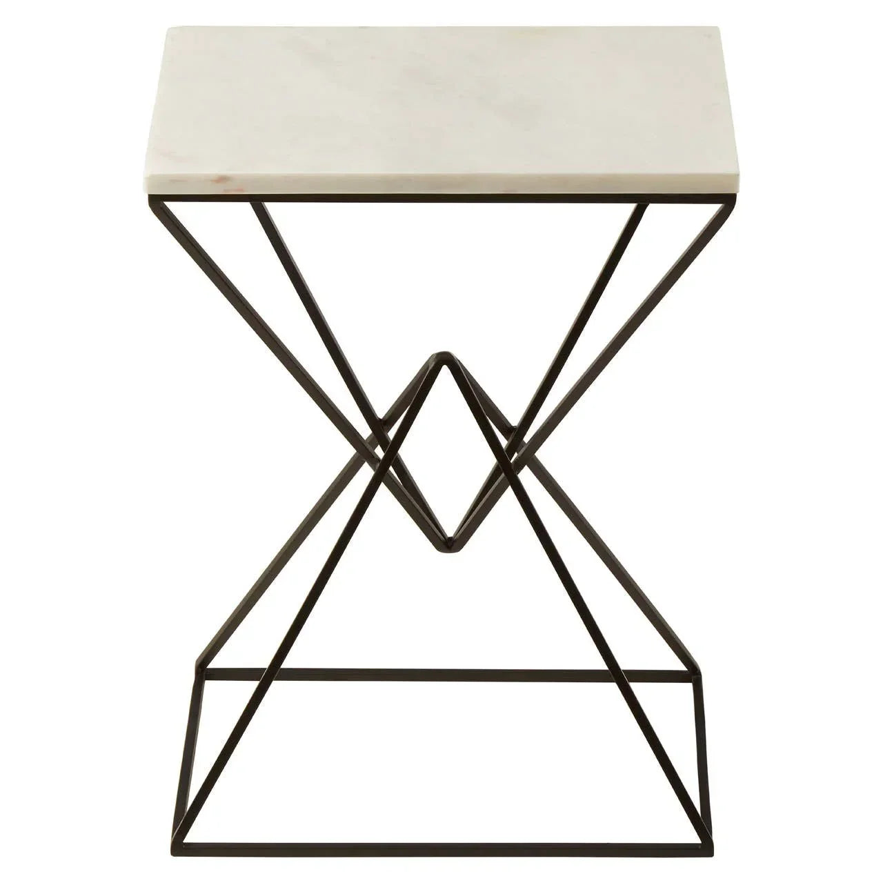 Geometric side table with black metal frame and white marble top, front angle view