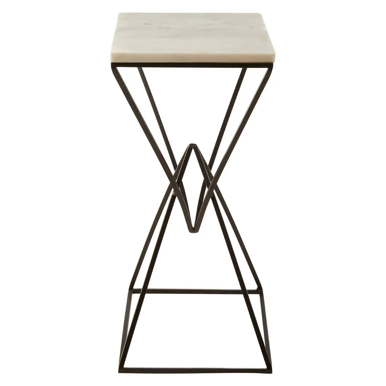 Modern side table with white marble top and geometric black metal base, front view